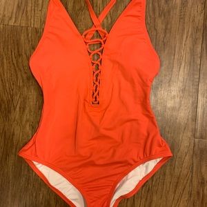 Michael Kors Lace Up Plunging One Piece Swimsuit